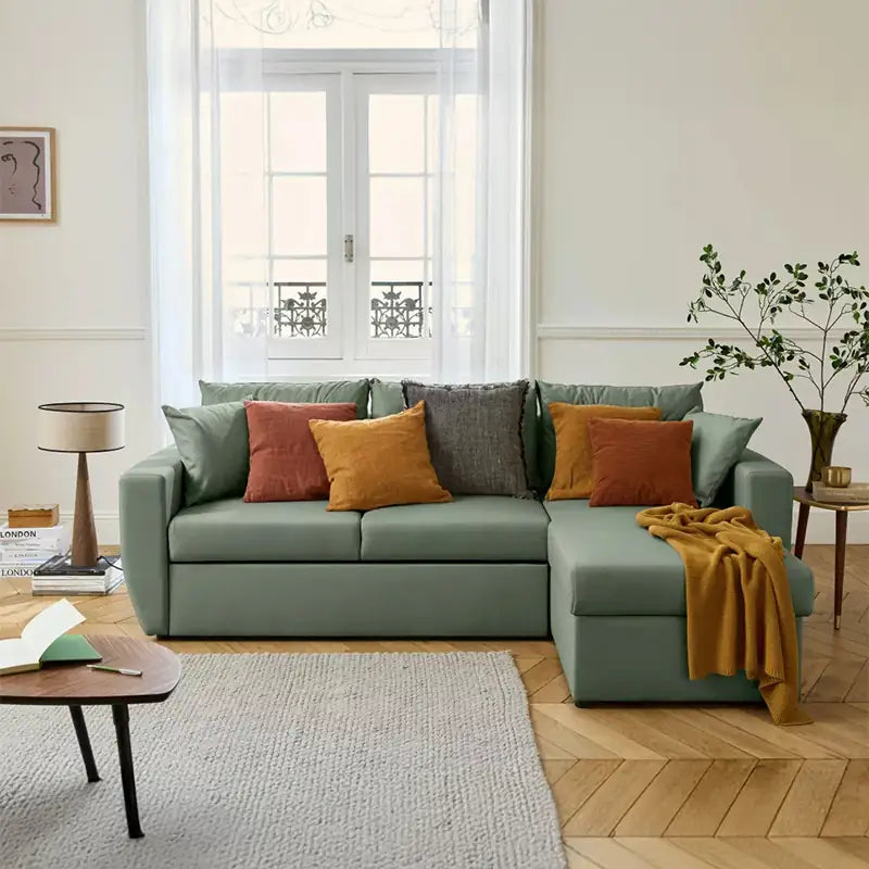 Convertible sofa bed with hidden corner storage, available in custom sizes, colours and materials