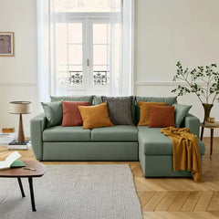 Convertible sofa bed with hidden corner storage, available in custom sizes, colours and materials