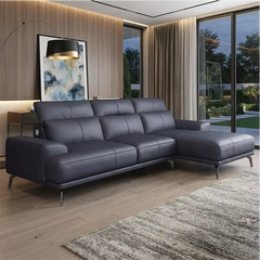 modern l shape sofa with high back cushions, slim metal legs and deep comfortable seating — close view showing the cushion...