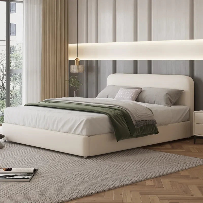Plush headboard cushion with bed online + modern bed design in neutral palette