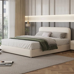Plush headboard cushion with bed online + modern bed design in neutral palette