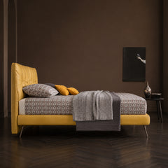 Low upholstered footboard, cot design, bed and cot, mustard fabric frame