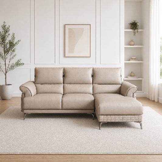 modern l shape sofa with supportive back cushions, neat side details and slim metal legs — angled view showing the full sh...