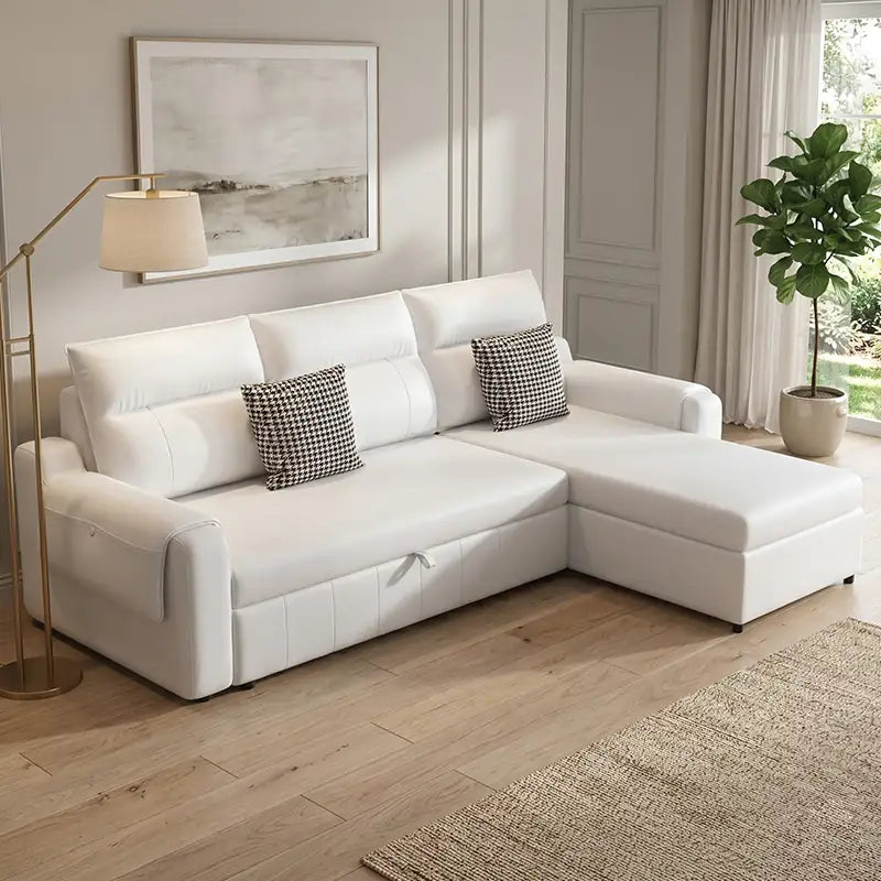 Sofa cum bed bed with wide cushioned arms, with supportive cushions for everyday comfort