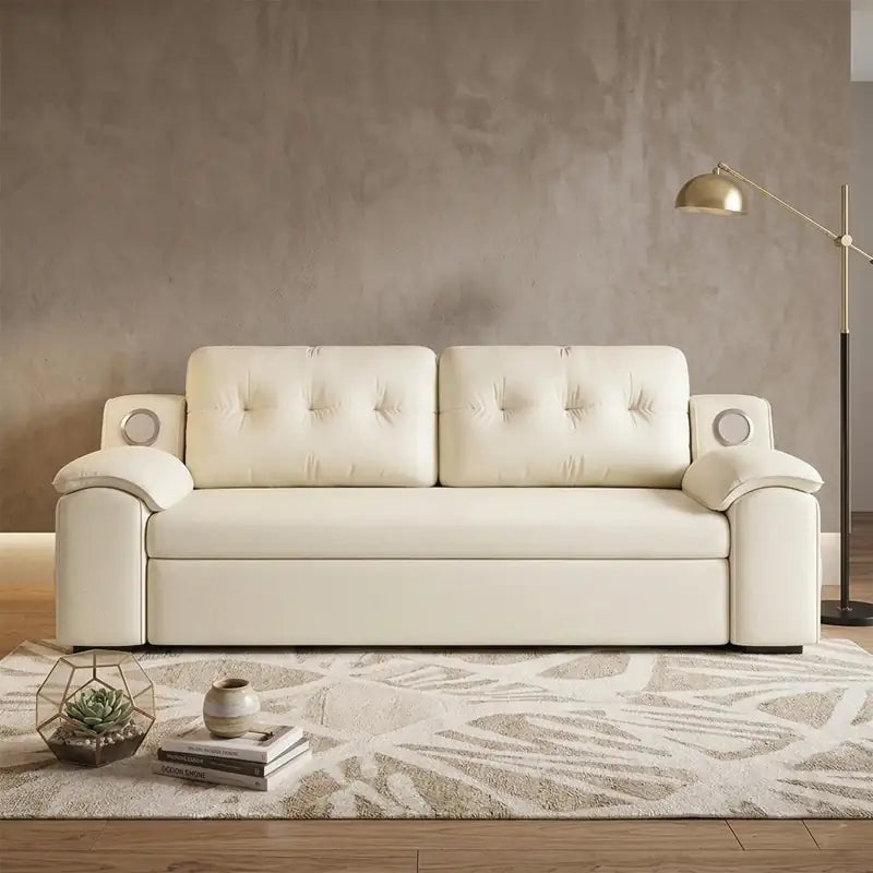 Convertible sofa bed with side shelves, with supportive cushions for everyday comfort