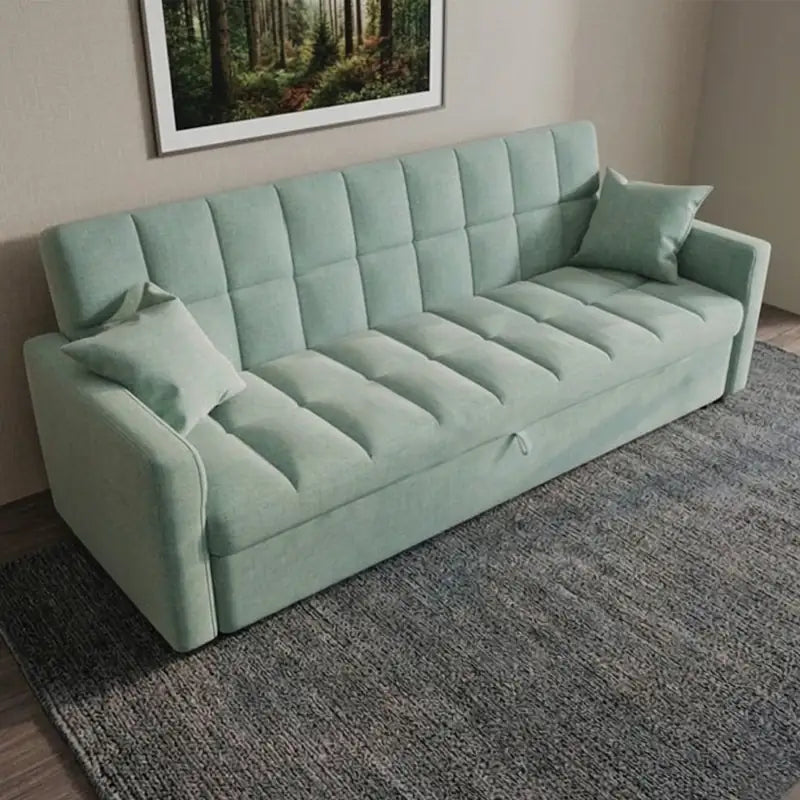 Convertible sofa bed with hidden side storage, available in custom sizes, colours and materials