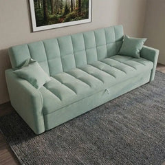 Convertible sofa bed with hidden side storage, available in custom sizes, colours and materials