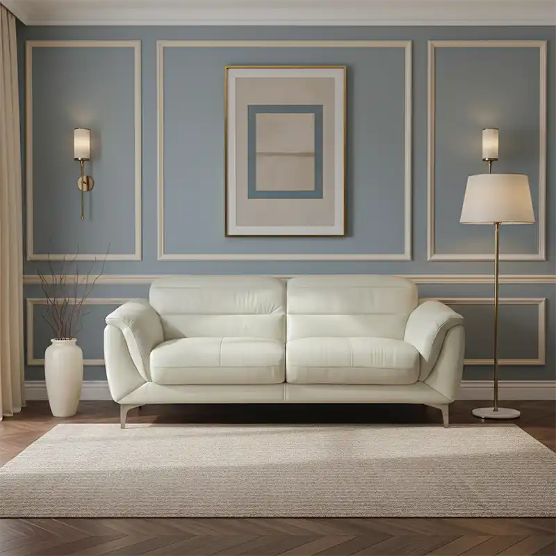 modern l shape sofa with high back cushions, soft rounded arms and slim raised legs — wide room view showing the complete...