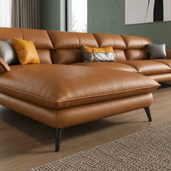 Corner perspective view of Brondo Corner Sofa with L Shape Sofa Set design, luxury sofa appeal, caramel faux leather upholstery, modular seating and modern living room functionality