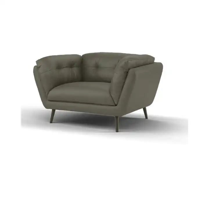 modern fabric sofa with rounded arms, soft cushions and slim raised legs — wide room view showing the complete seating layout