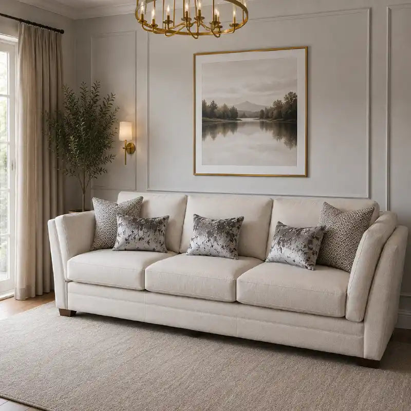 beige corner sofa with a compact l shape, soft cushions and a smooth fabric finish — wide room view showing the complete s...
