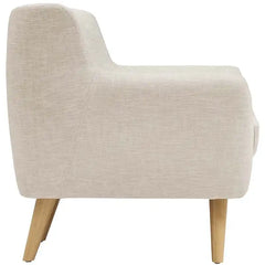 soft beige fabric sofa with rounded arms, buttoned back cushions and slim wooden legs — wide room view showing the complet...