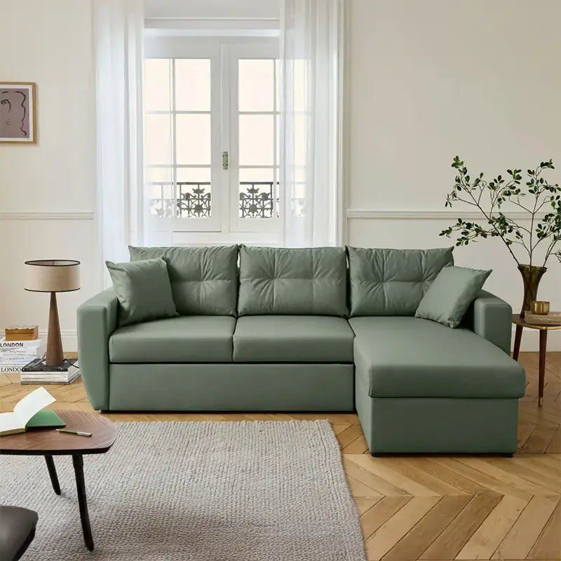 Convertible sofa bed with hidden corner storage, with supportive cushions for everyday comfort
