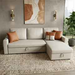 Pull out sofa bed with storage and USB charging, with supportive cushions for everyday comfort