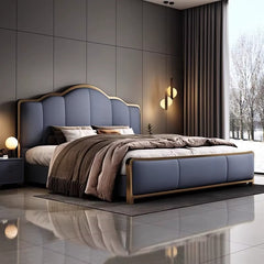 Curved upholstered bed with cushioned footboard luxury modern fabric finish
