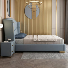 Gold block legs, bed and cot, bed online, broad upholstered bed shape