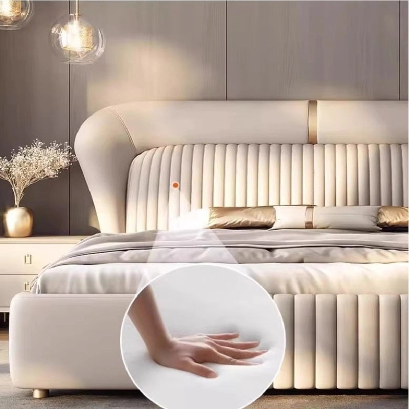 Happon is an upholstered bed with a tall wingback headboard, vertical channel tufting, cushioned side rails