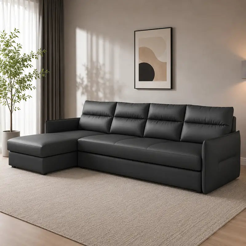 Faux leather sofa bed with hidden storage, designed for relaxed seating and guest use