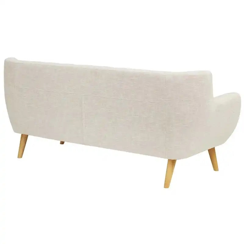 soft beige fabric sofa with rounded arms, buttoned back cushions and slim wooden legs — front angle showing the back suppo...