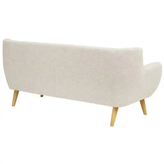 soft beige fabric sofa with rounded arms, buttoned back cushions and slim wooden legs — front angle showing the back suppo...