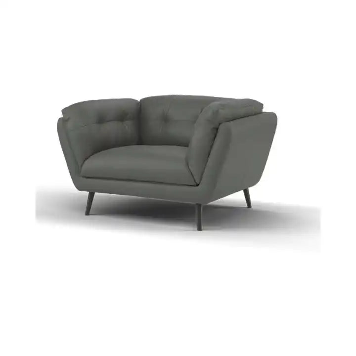 modern fabric sofa with rounded arms, soft cushions and slim raised legs — front angle showing the back support and arm shape
