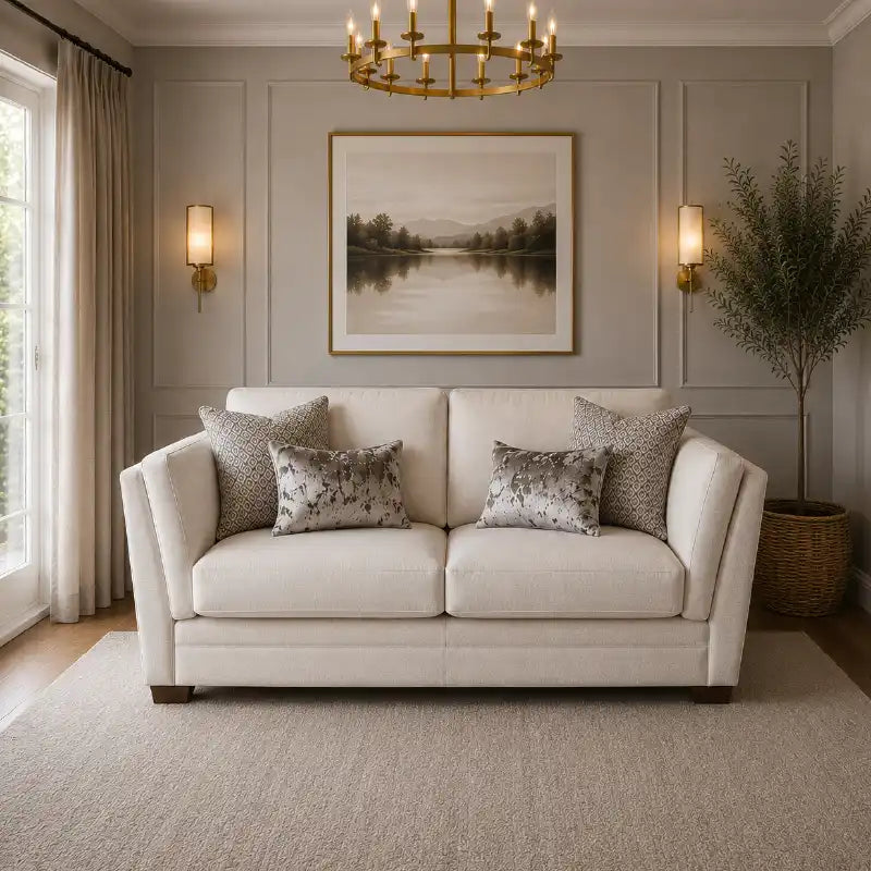 beige corner sofa with a compact l shape, soft cushions and a smooth fabric finish — front angle showing the back support...