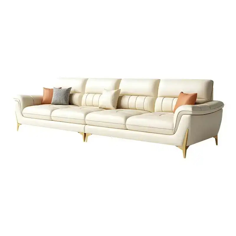 cream high back sofa with vertical cushion panels, rounded arms and slim gold finish legs — front angle showing the back s...