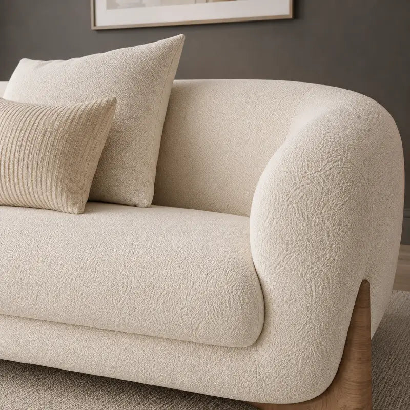 Upholstered in textured bouclé fabric in shades like taupe or ivory, the Boston settee features rounded curves, deep seating, and organically integrated arms for a warm and inviting feel. 