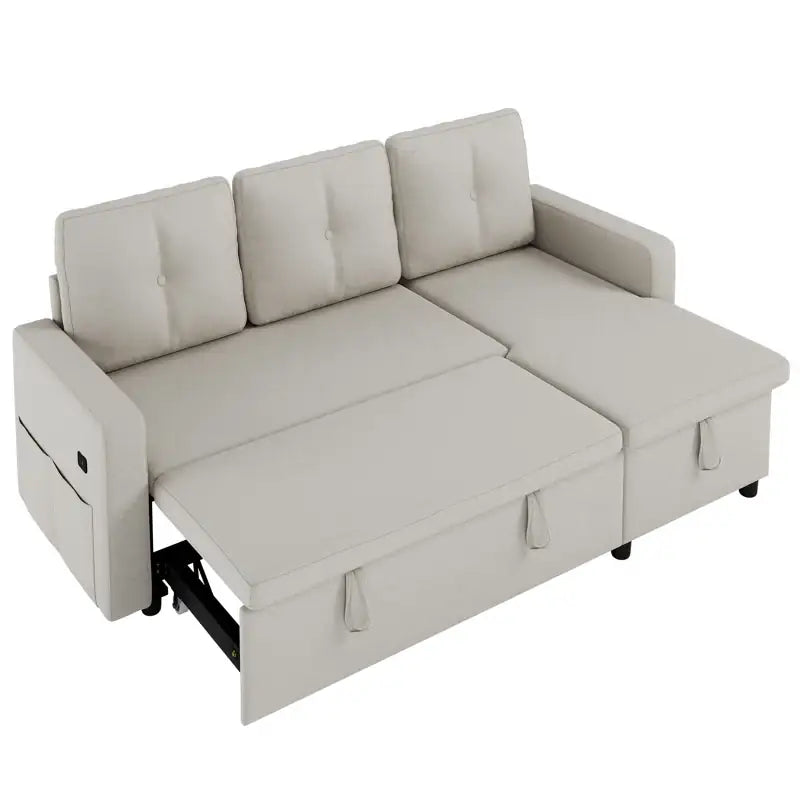 Sofa bed with storage, USB charging and side pockets, designed for relaxed seating and guest use