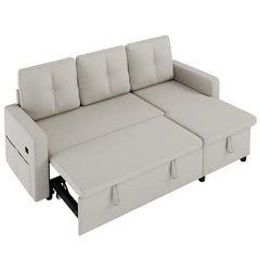 Sofa bed with storage, USB charging and side pockets, designed for relaxed seating and guest use