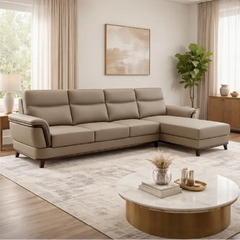 beige pure leather sofa with supportive back cushions, curved arms and refined wooden details — front angle showing the ba...