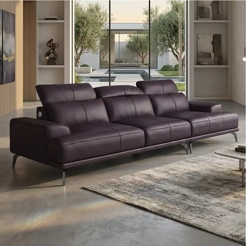 modern l shape sofa with high back cushions, slim metal legs and deep comfortable seating — front angle showing the back s...