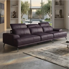 modern l shape sofa with high back cushions, slim metal legs and deep comfortable seating — front angle showing the back s...