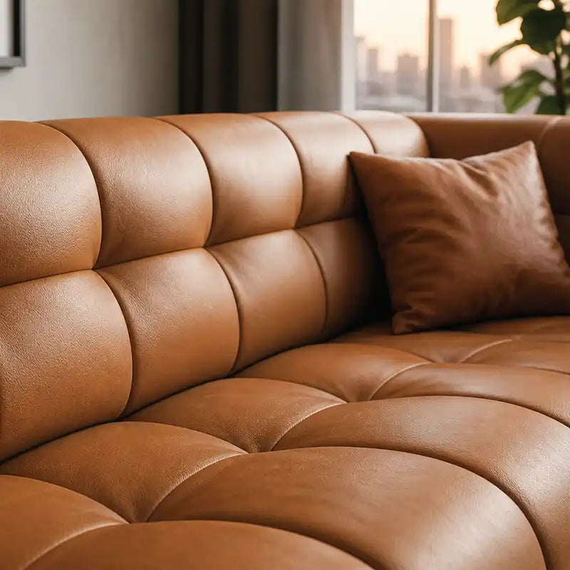 warm brown luxury sofa with deep square cushioning, rounded edges and a low relaxed shape — front angle showing the back s...