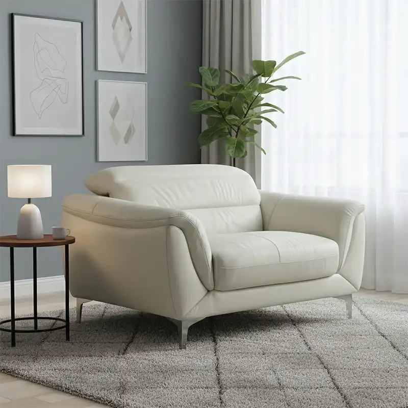 modern l shape sofa with high back cushions, soft rounded arms and slim raised legs — front angle showing the back support...