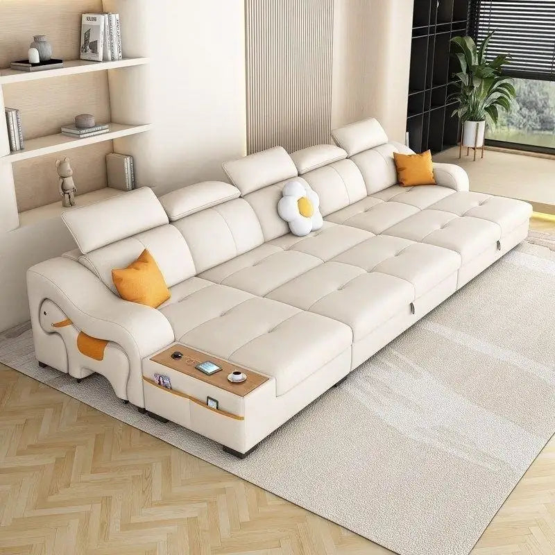 Sleeper sofa with side console and pull-out stool, designed for relaxed seating and guest use