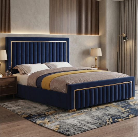 Royal blue tufted bed frame modern bed design velvet gold accent bed