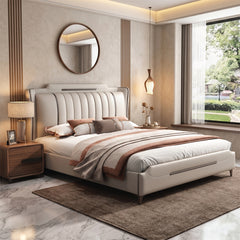 White tufted upholstered bed frame modern bed design gold trim ivory leatherette