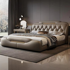 Diamond tufted hydraulic bed modern bed design cream beige padded contemporary bed