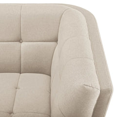beige fabric sofa with soft curved arms, square cushion details and raised wooden legs — front angle showing the back supp...