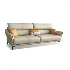beige leatherette sofa with supportive high back cushions, rounded arms and slim raised legs — front angle showing the bac...
