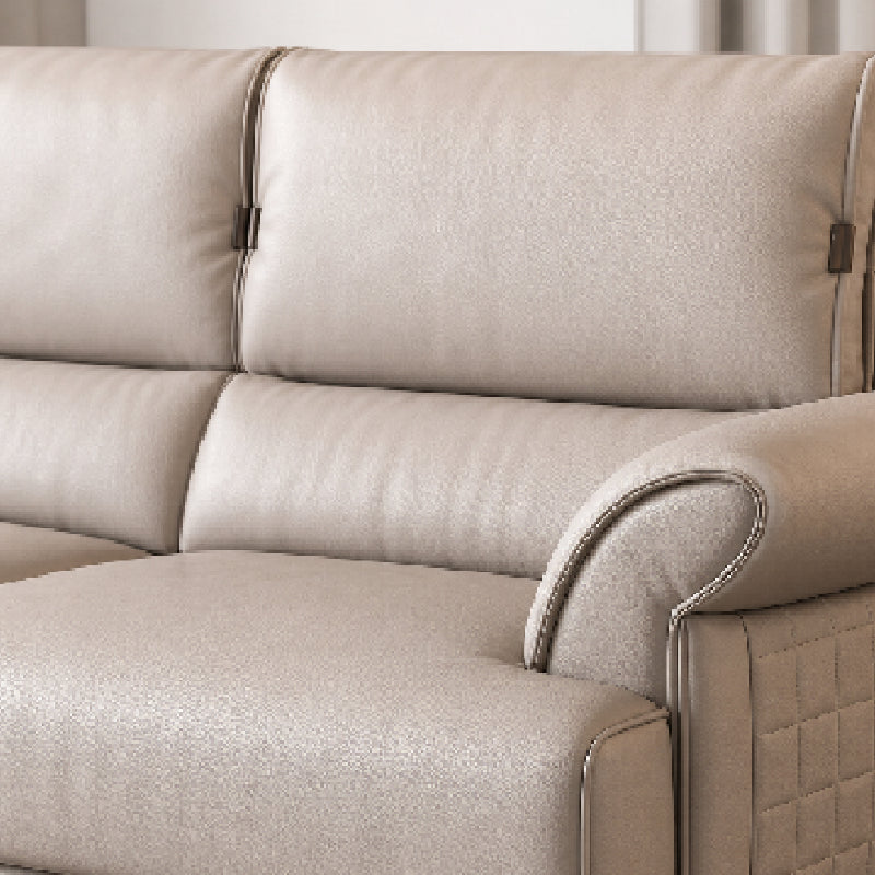 modern l shape sofa with supportive back cushions, neat side details and slim metal legs — front angle showing the back su...