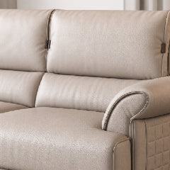 modern l shape sofa with supportive back cushions, neat side details and slim metal legs — front angle showing the back su...