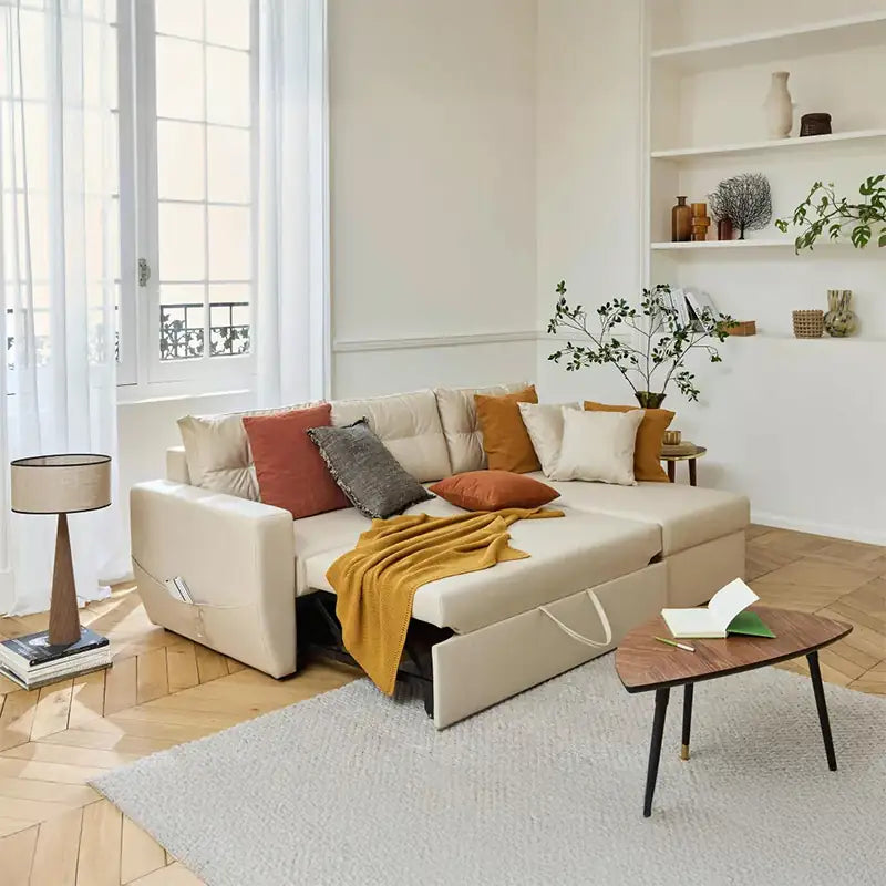 Convertible sofa bed with hidden corner storage, with a clean profile and custom finish options