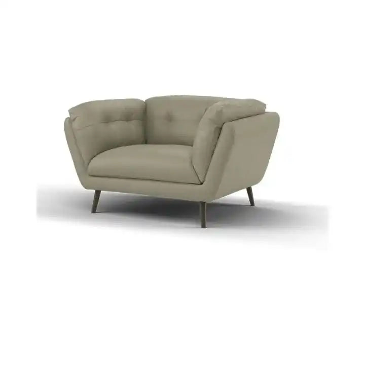 modern fabric sofa with rounded arms, soft cushions and slim raised legs — alternate angle showing the full depth and comfort