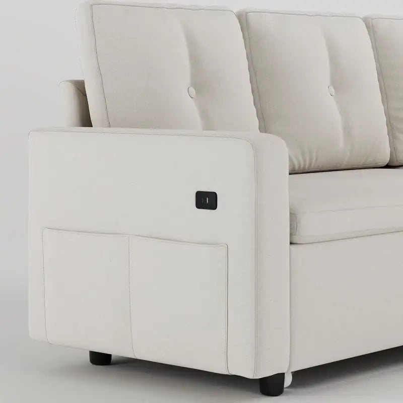 Sofa bed with storage, USB charging and side pockets, with a clean profile and custom finish options