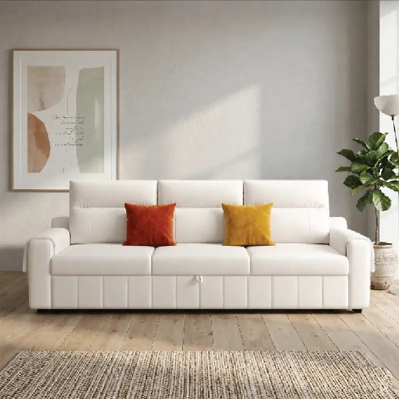 Sofa cum bed bed with wide cushioned arms, with a clean profile and custom finish options