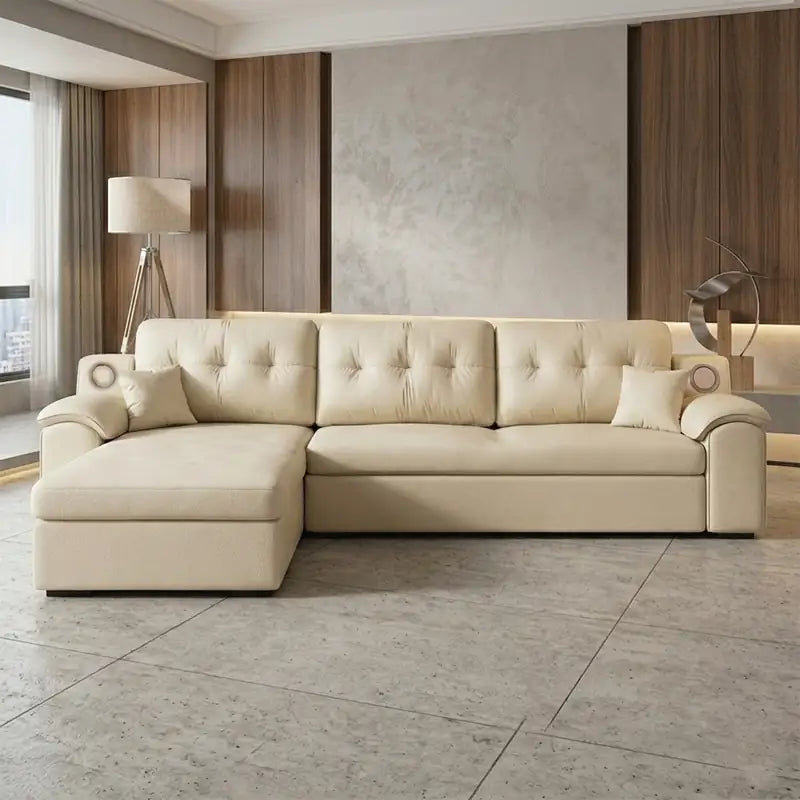 Convertible sofa bed with side shelves, with a clean profile and custom finish options