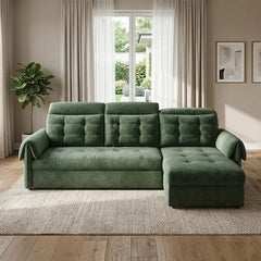 Couch with pull-out bed and soft cushions, with a clean profile and custom finish options