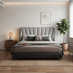 Broad padded headboard, master bedroom bed design and bed online, two-tone bed frame